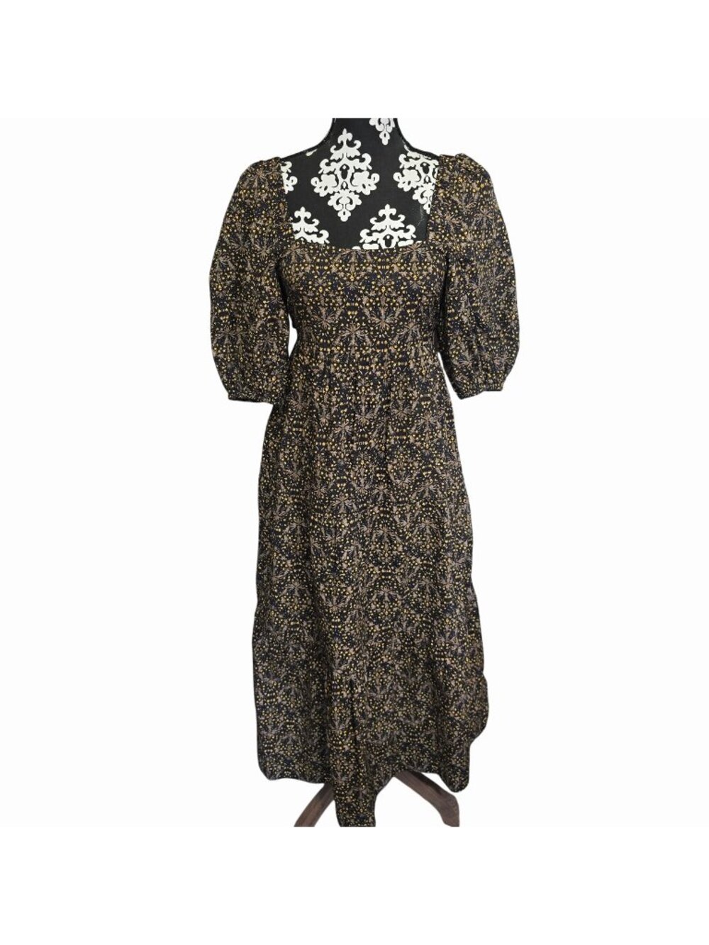 Minkpink XS Boho Cottage Core Midi Dress Black Floral Pattern Puff Sleeve 100% C